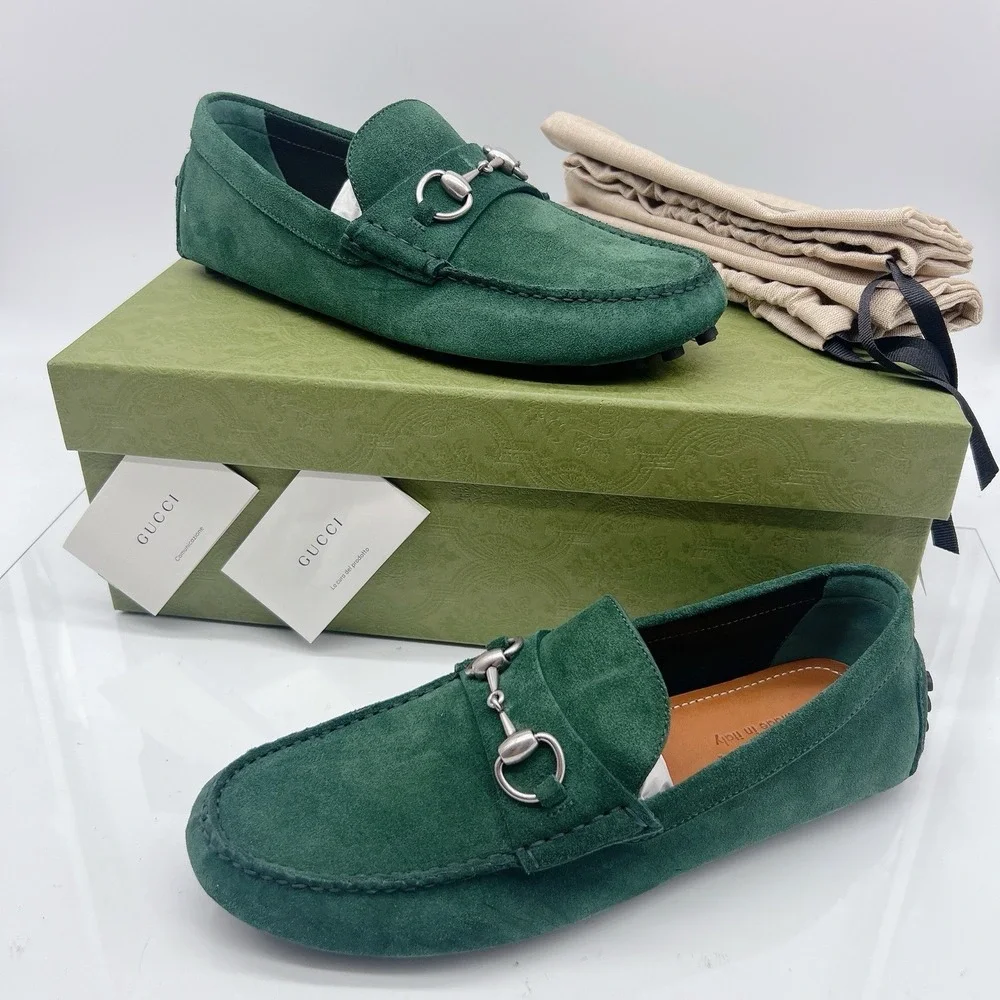Gucci Driver Loafers Moccasin GG Horsebit Vintage Green Suede Womens UK 7 US 10